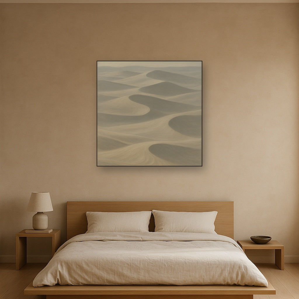 Monochrome Sand Dune Contours & Pale Slate No. 18 Oil Painting Staged Above Master Bed in Bedroom, Calming Neutral Hand Painted Oil Art