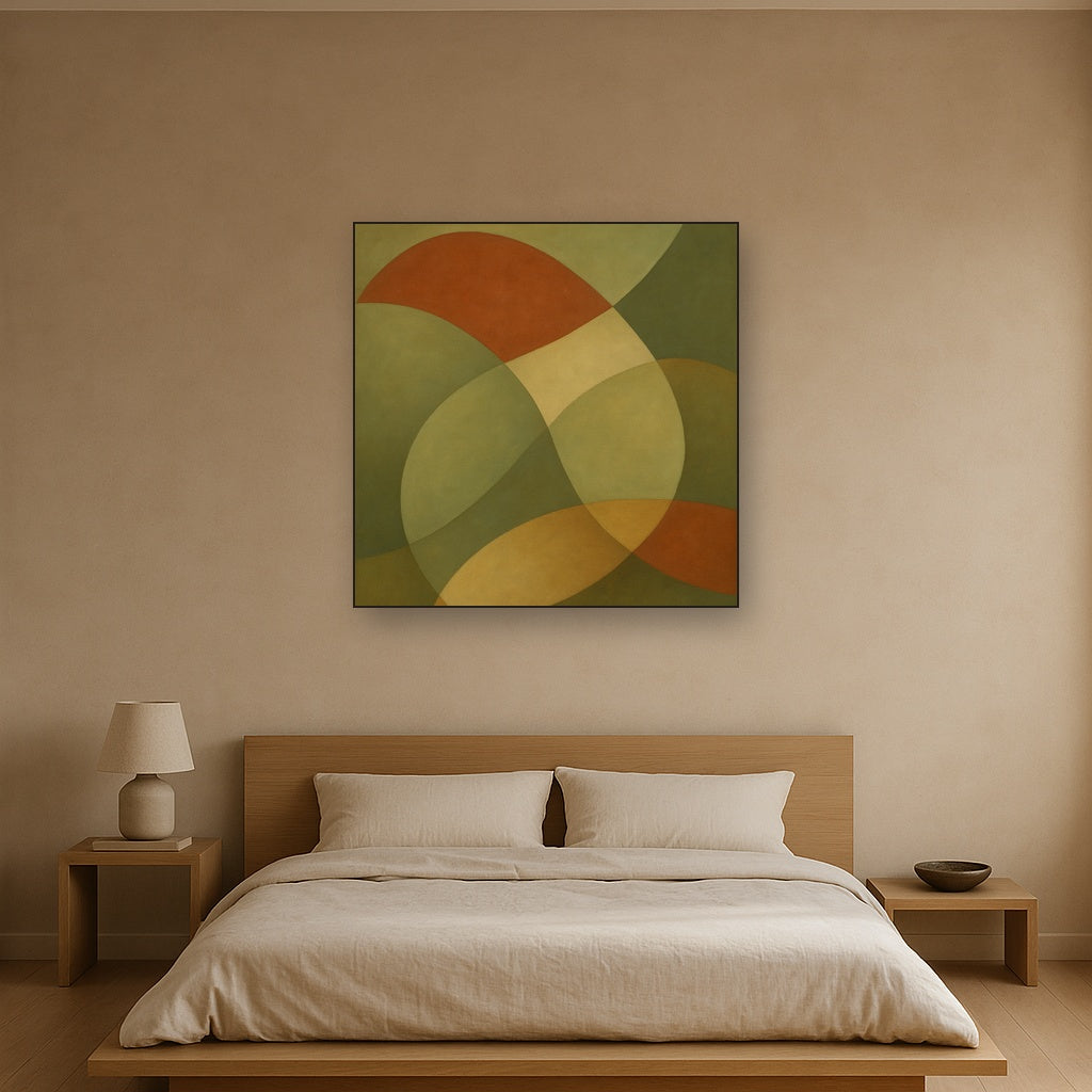 Intersecting Curved Forms in Olive & Rust No. 24 Oil Painting Staged Above Master Bed in Bedroom, Calming Neutral Hand Painted Oil Art