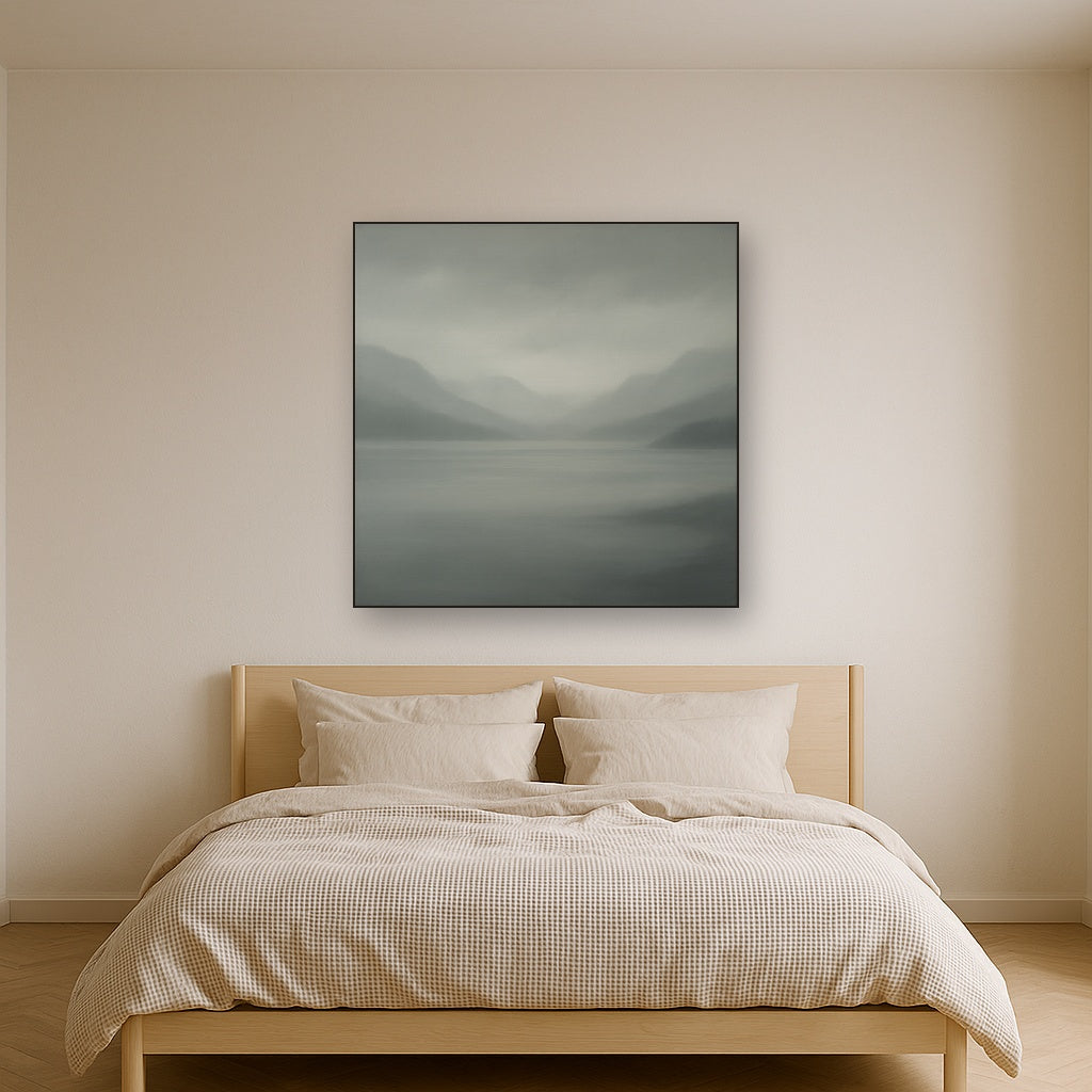 Misty Fjord Horizon in Monochromatic Slate No. 2 Oil Painting Staged Above Master Bed in Bedroom, Calming Neutral Hand Painted Oil Art