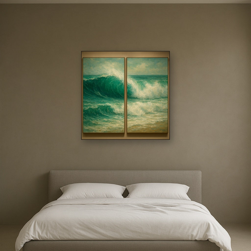 Emerald Swell Split-Panel Seascape No. 2 Oil Painting - Styled in Master Bedroom