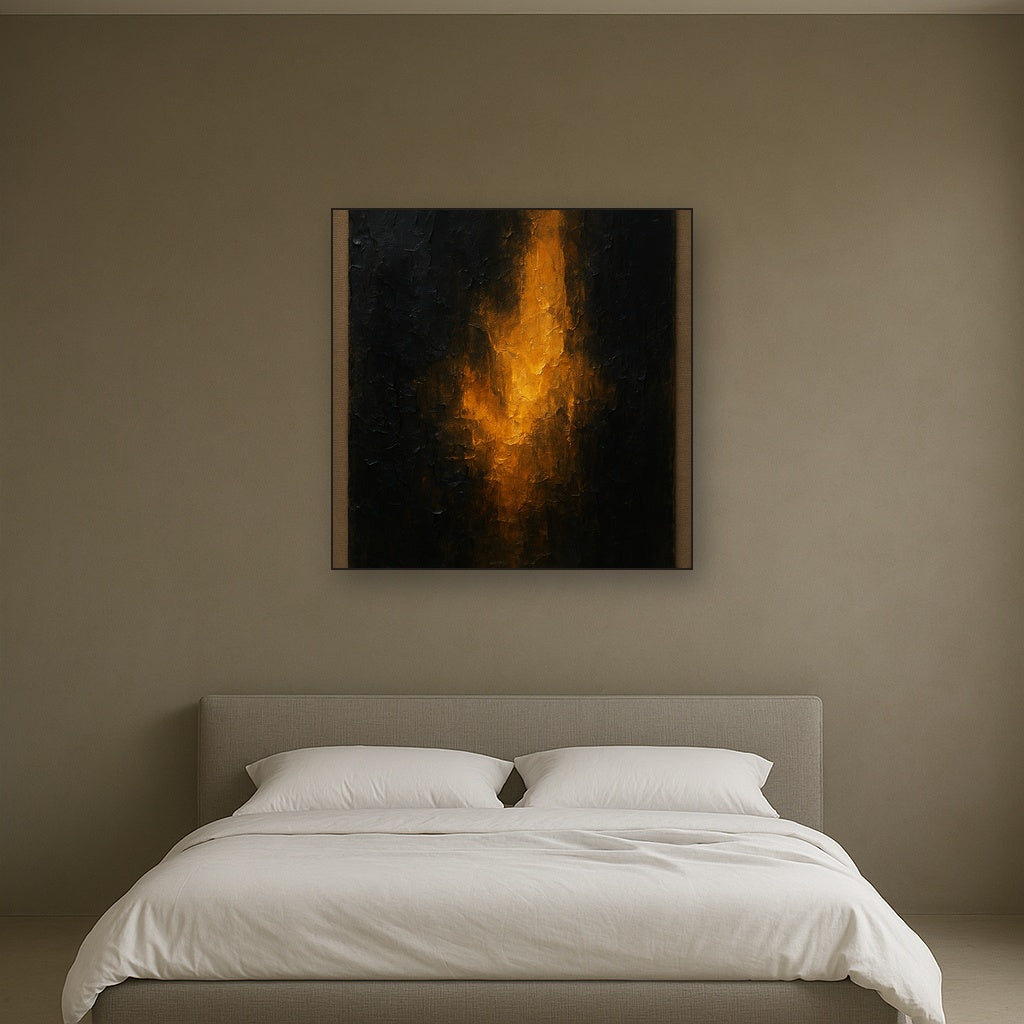 Amber & Obsidian Modern Abstract Oil Painting - Styled in Master Bedroom