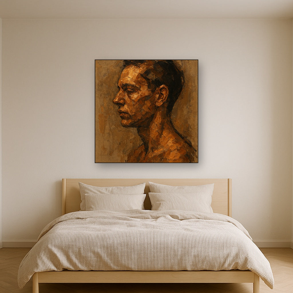 Abstracted Modern Portrait Figurative Oil Painting - Styled in Master Bedroom