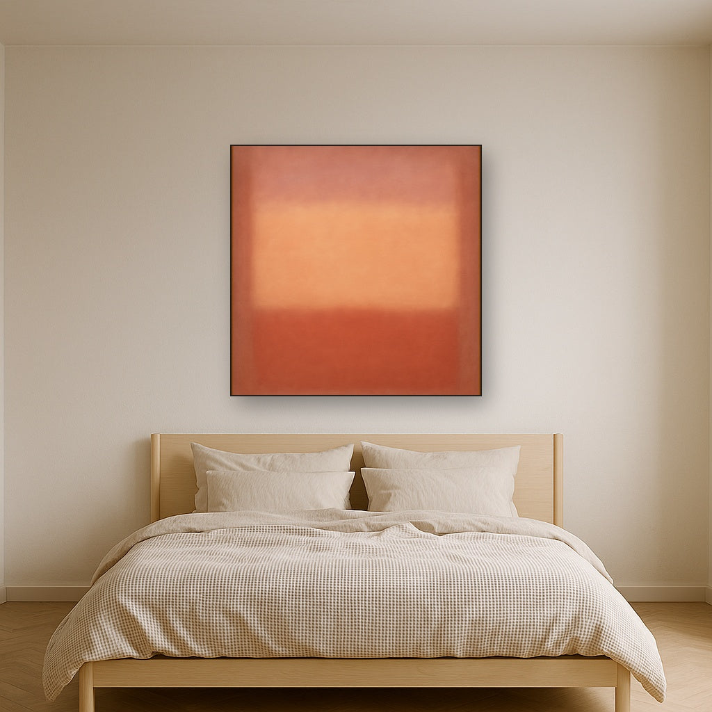 Blush Rose & Dusky Terracotta Ambient Glow No. 26 Oil Painting Staged Above Master Bed in Bedroom, Calming Neutral Hand Painted Oil Art