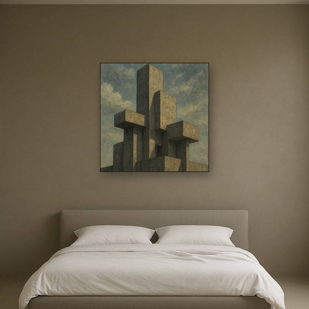 Brutalist Concrete Monolith & Sky No. 8 Oil Painting - Styled in Master Bedroom