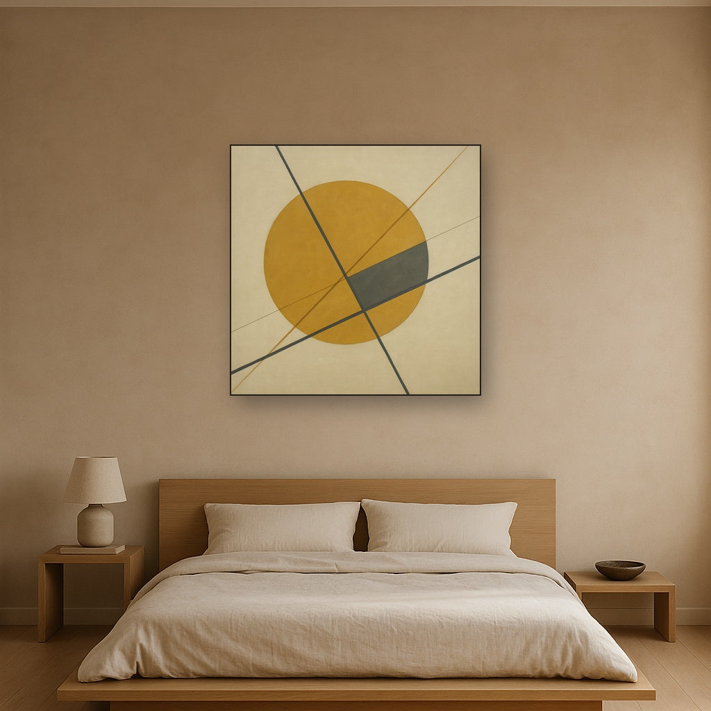 Abstract Tangent Lines & Earthy Ochre Disc No. 6 Oil Painting - View 3