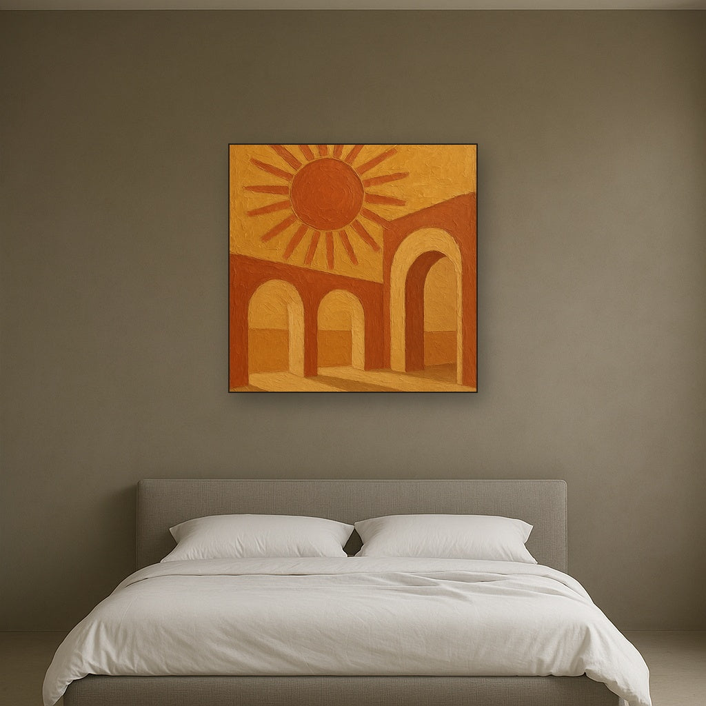 Mid-Century Terracotta Sun & Arches No. 4 Oil Painting - Styled in Master Bedroom