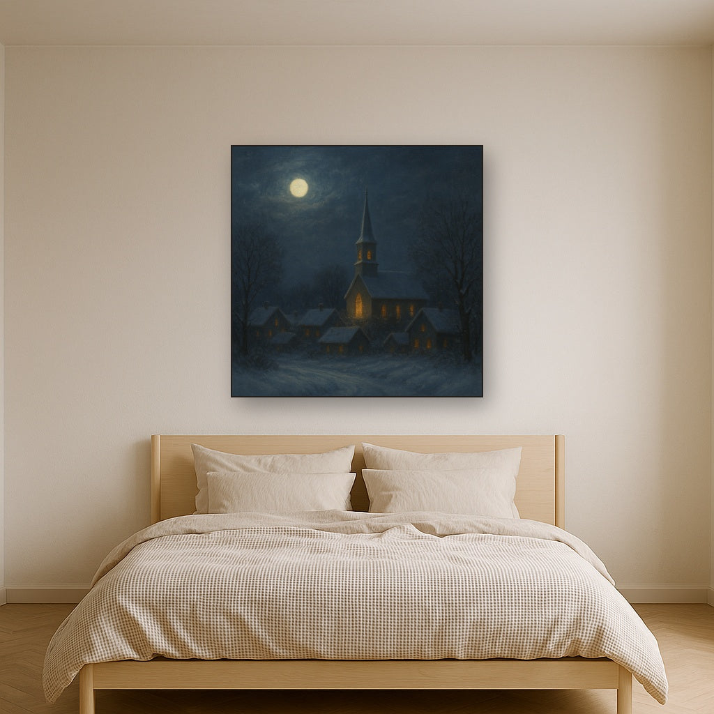 Moonlight Over Snowy Village Steeple No. 5 Oil Painting - View 3