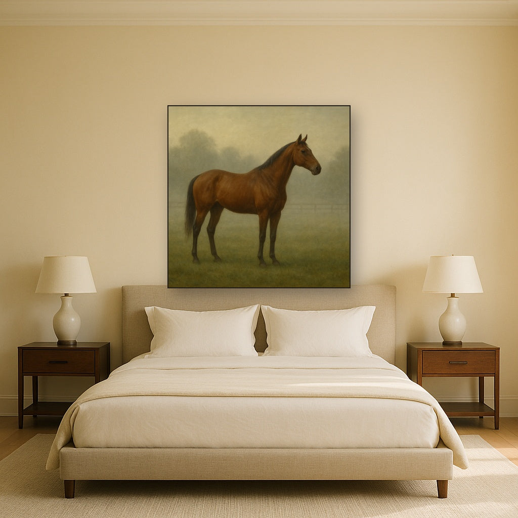 Thoroughbred in Morning Pasture Mist No. 7 Oil Painting - View 3