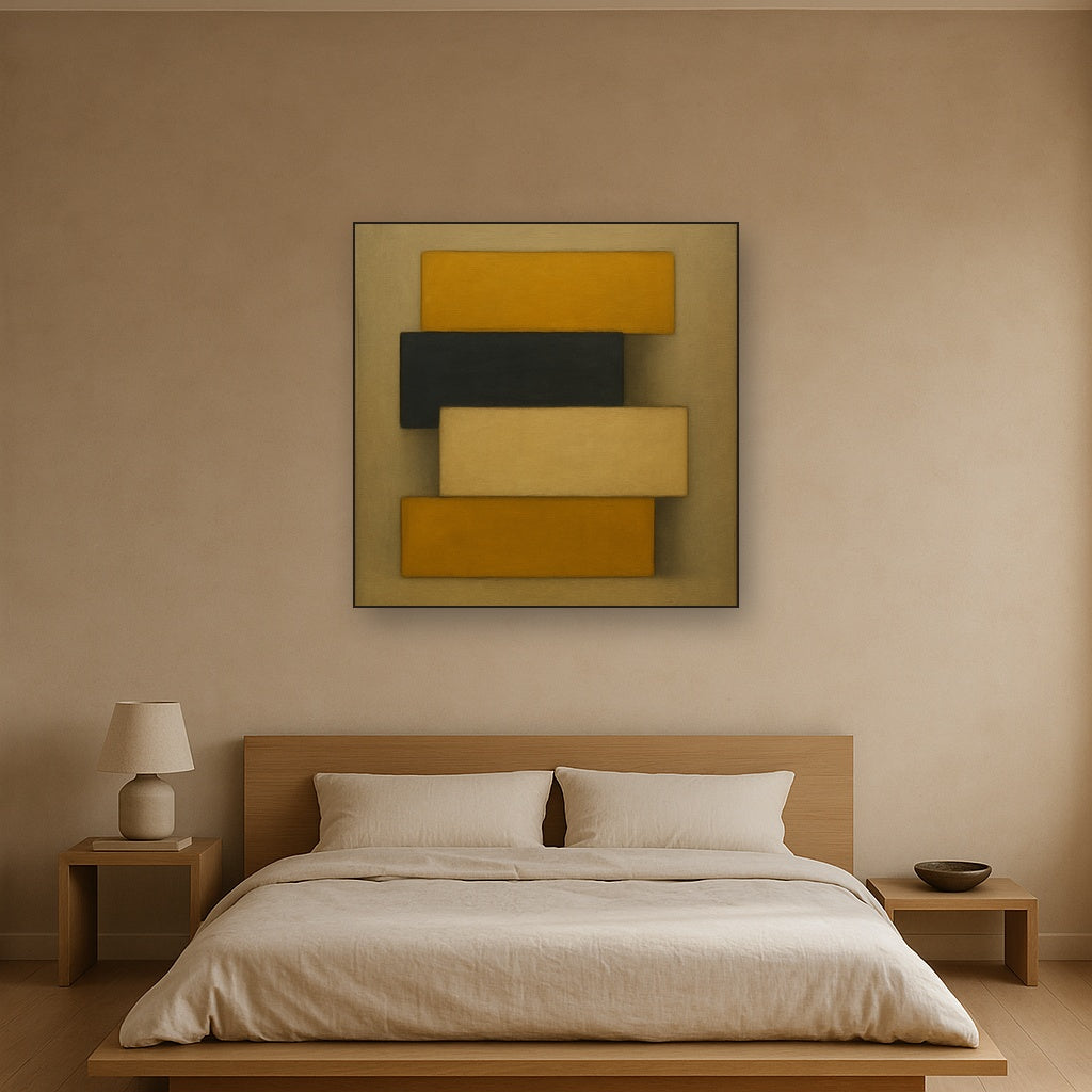 Stacked Horizon Blocks in Mustard & Charcoal No. 15 Oil Painting - View 3
