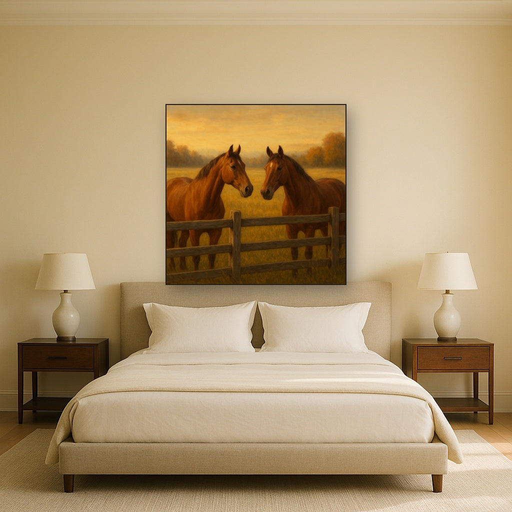 Two Horses at Rustic Post & Rail Fence No. 12 Oil Painting Staged Above Master Bed in Bedroom, Calming Neutral Hand Painted Oil Art