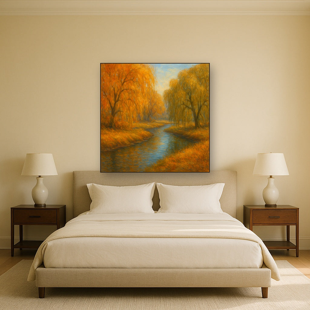 Tranquil River through Autumn Willow Woods Fine Art Oil Painting - View 3