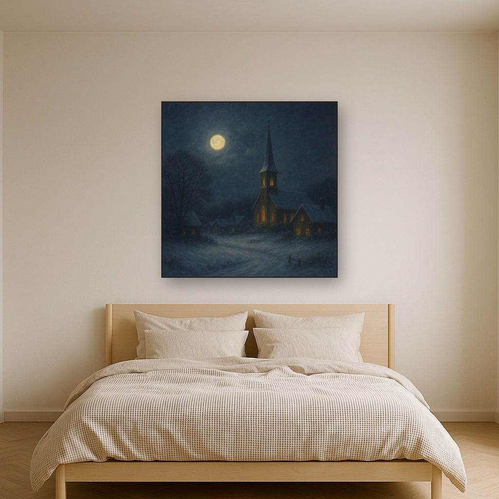 Moonlight Over Snowy Village Steeple No. 6 Oil Painting - View 3