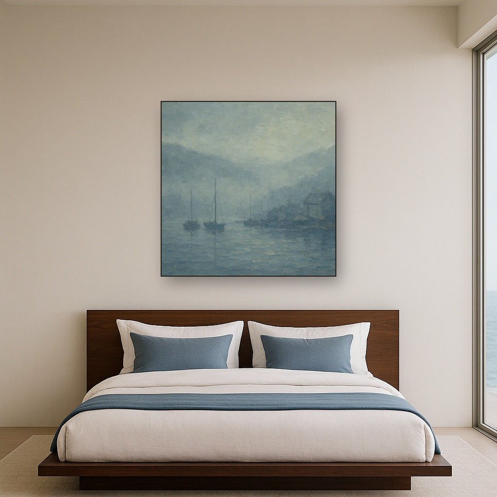 Quiet Harbor in Fog Seascape Oil Painting - View 3