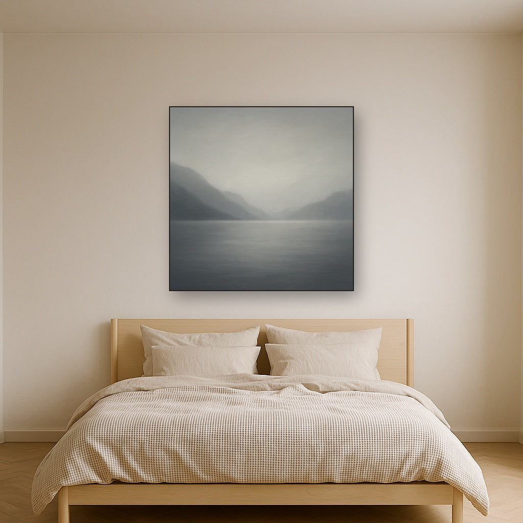 Misty Fjord Horizon in Monochromatic Slate No. 17 Oil Painting Staged Above Master Bed in Bedroom, Calming Neutral Hand Painted Oil Art