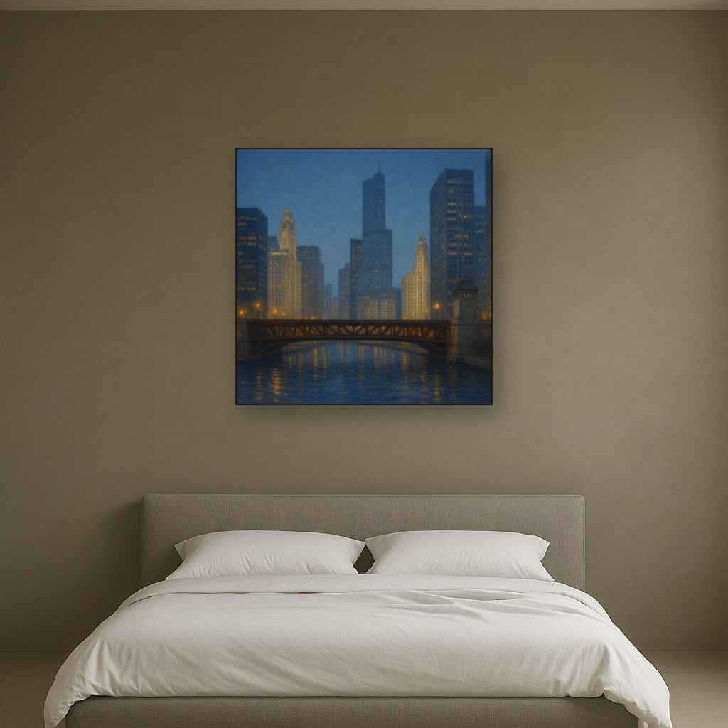 Chicago Riverfront Architecture at Blue Hour No. 17 Oil Painting - View 3