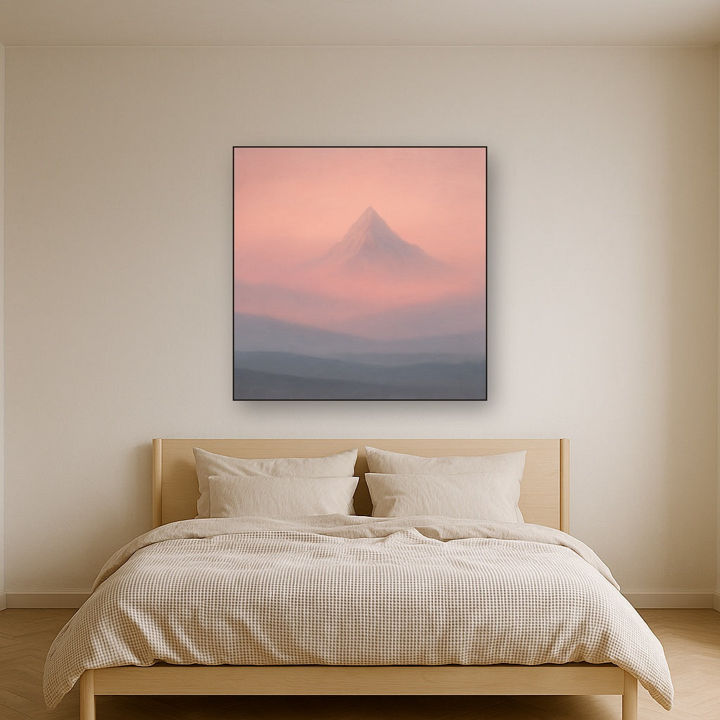 Pale Alpenglow over Distant Glacial Peak No. 25 Oil Painting Staged Above Master Bed in Bedroom, Calming Neutral Hand Painted Oil Art