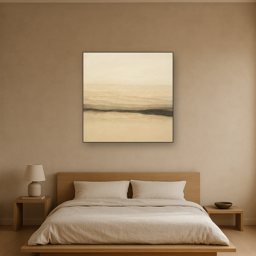 Raw Limestone Horizon & Washed Linen No. 4 Oil Painting Staged Above Master Bed in Bedroom, Calming Neutral Hand Painted Oil Art