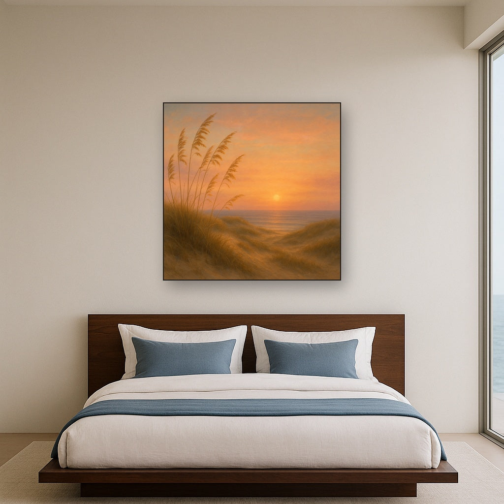 Sea Oats on Rolling Coastal Dunes at Sunset No. 2 Oil Painting Staged Above Master Bed in Bedroom, Calming Neutral Hand Painted Oil Art