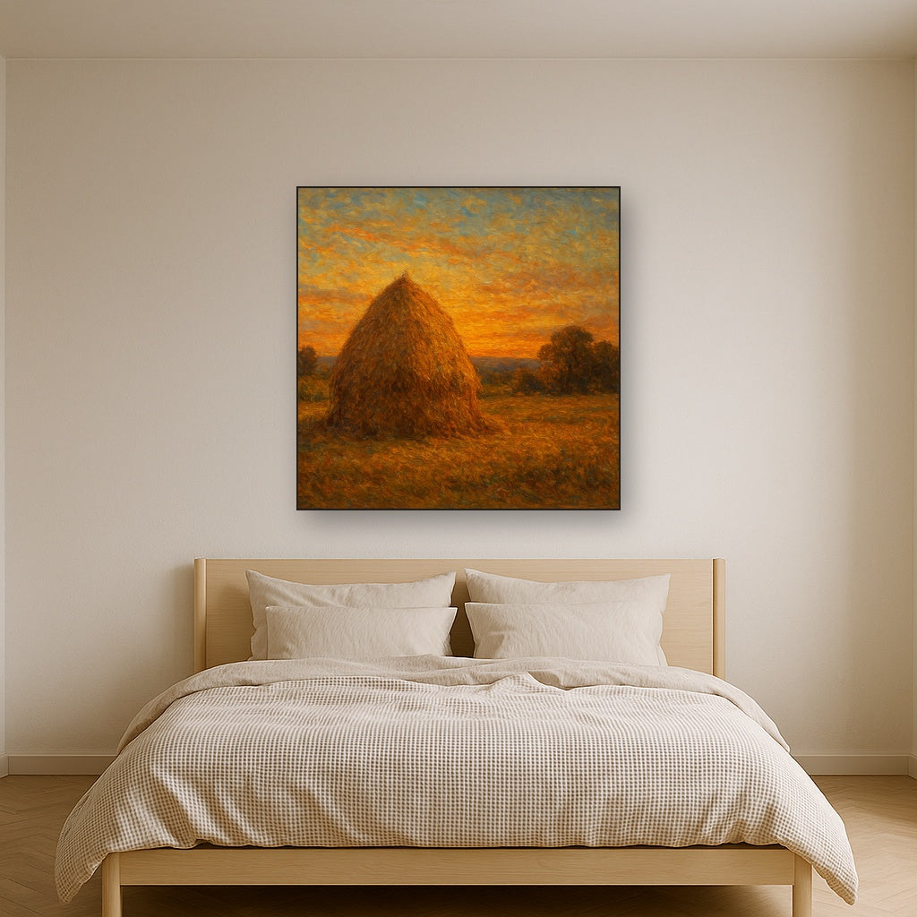 Rustic Countryside Haystack at Sunset No. 5 Oil Painting - Styled in Master Bedroom