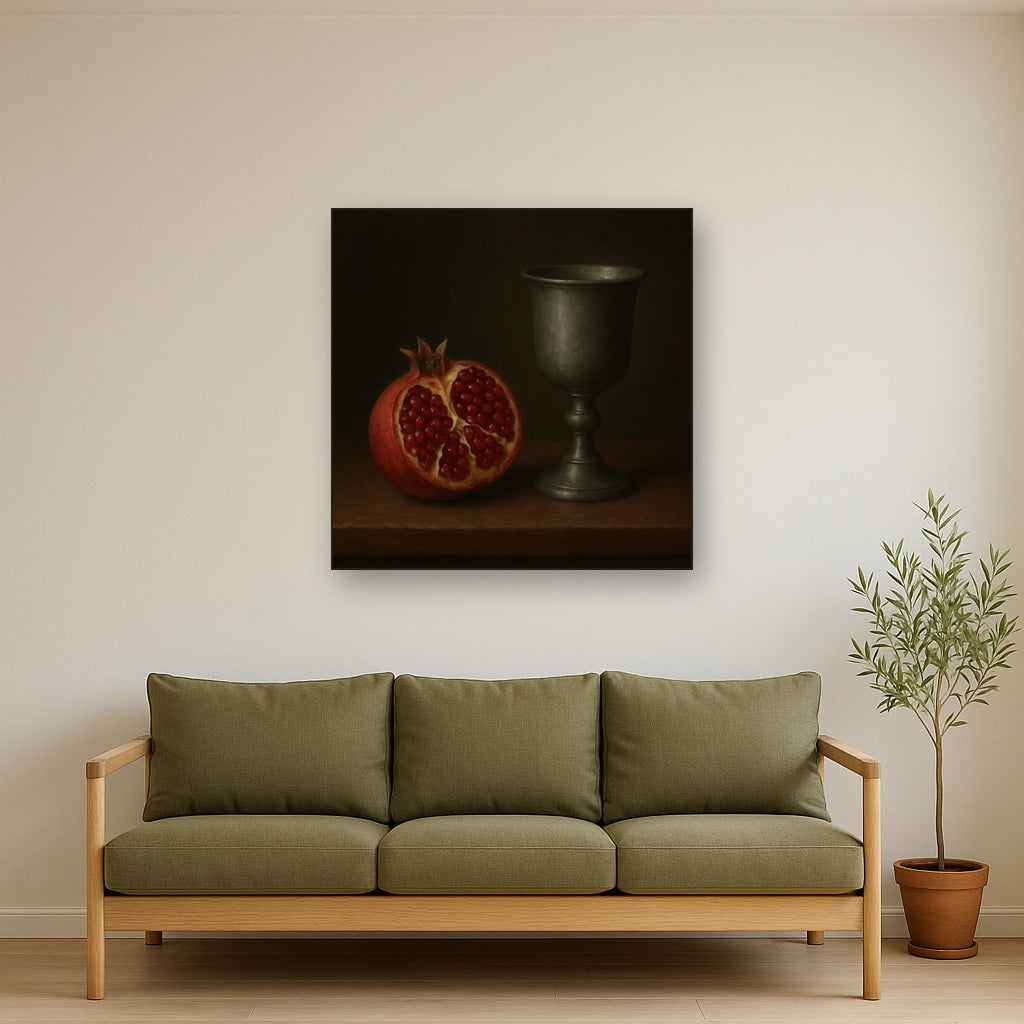 Pomegranate & Vintage Pewter Goblet No. 3 Oil Painting - View 3