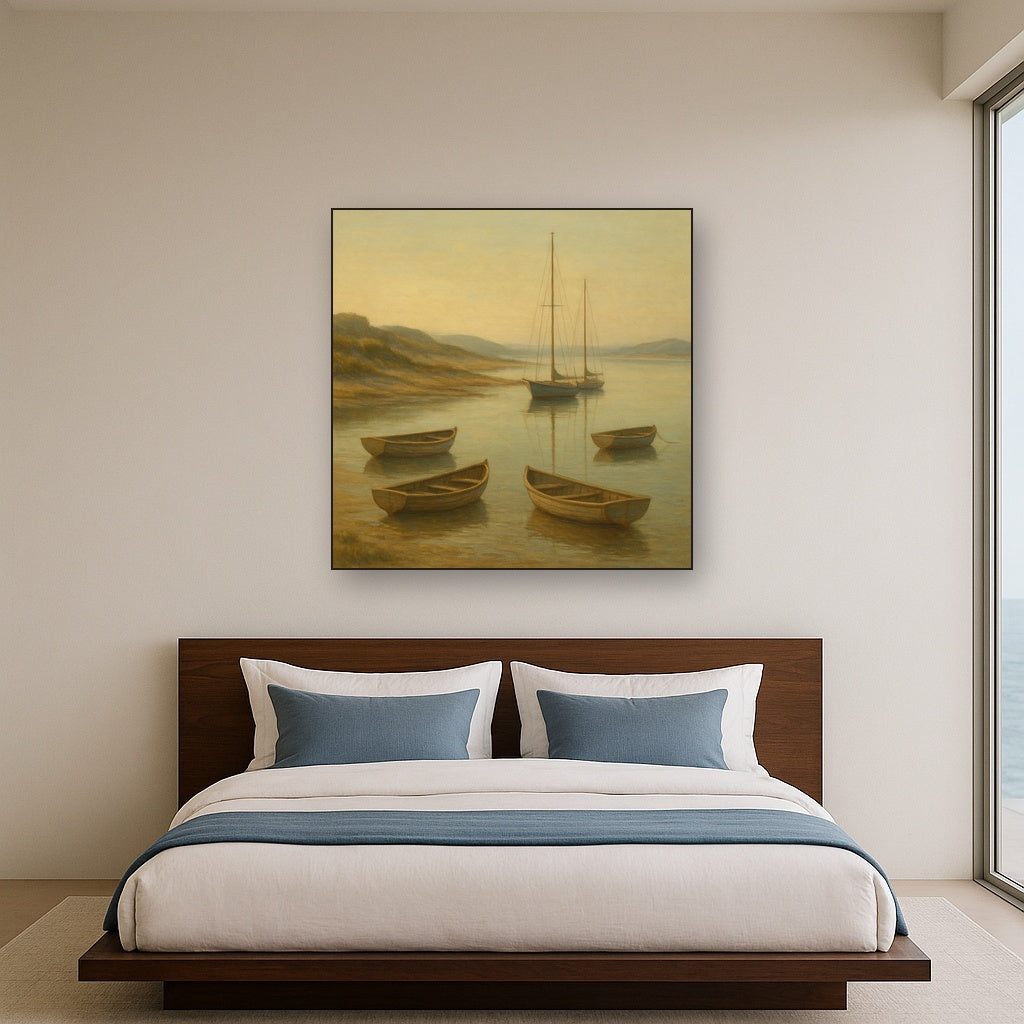 Quiet Fishing Harbor at Morning Low Tide No. 10 Oil Painting Staged Above Master Bed in Bedroom, Calming Neutral Hand Painted Oil Art