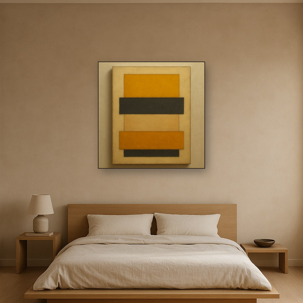 Stacked Horizon Blocks in Mustard & Charcoal No. 19 Oil Painting Staged Above Master Bed in Bedroom, Calming Neutral Hand Painted Oil Art