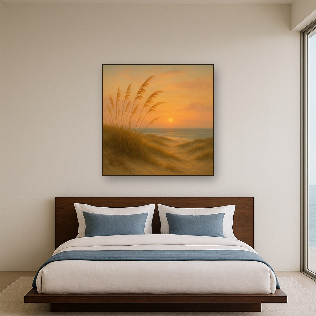 Sea Oats on Rolling Coastal Dunes at Sunset No. 11 Oil Painting Staged Above Master Bed in Bedroom, Calming Neutral Hand Painted Oil Art