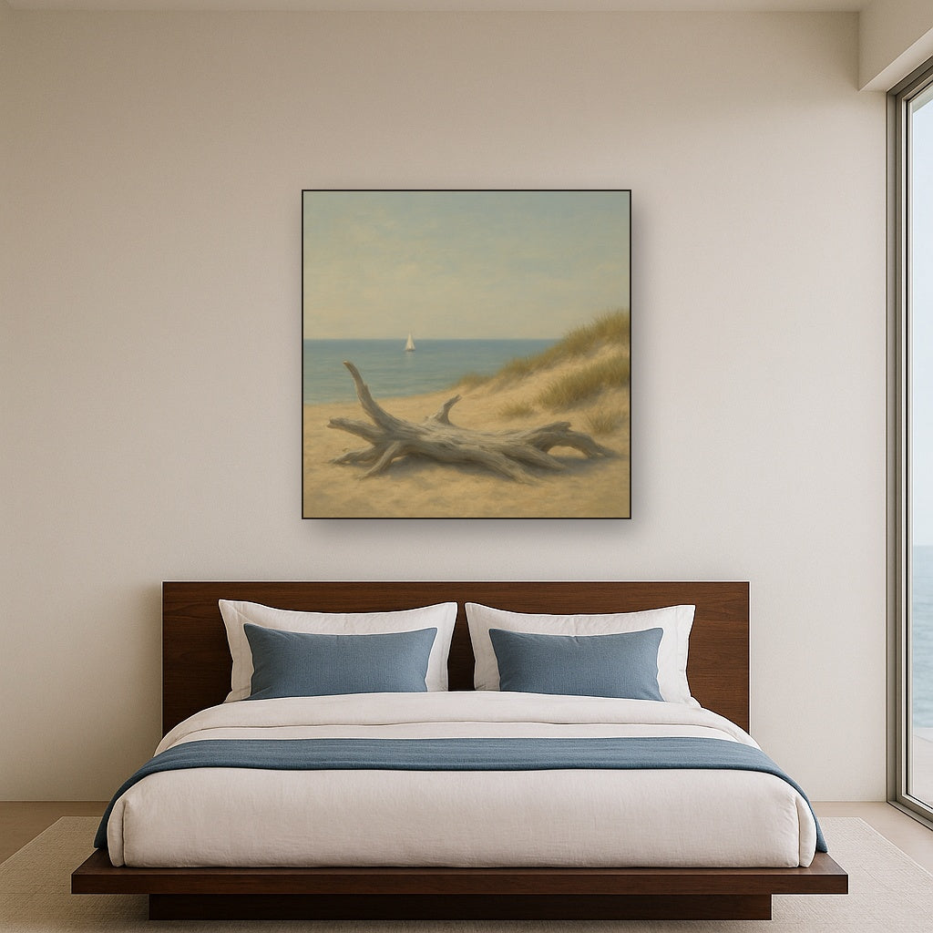 Sun-Bleached Driftwood & Distant Sailboat No. 7 Oil Painting - View 3