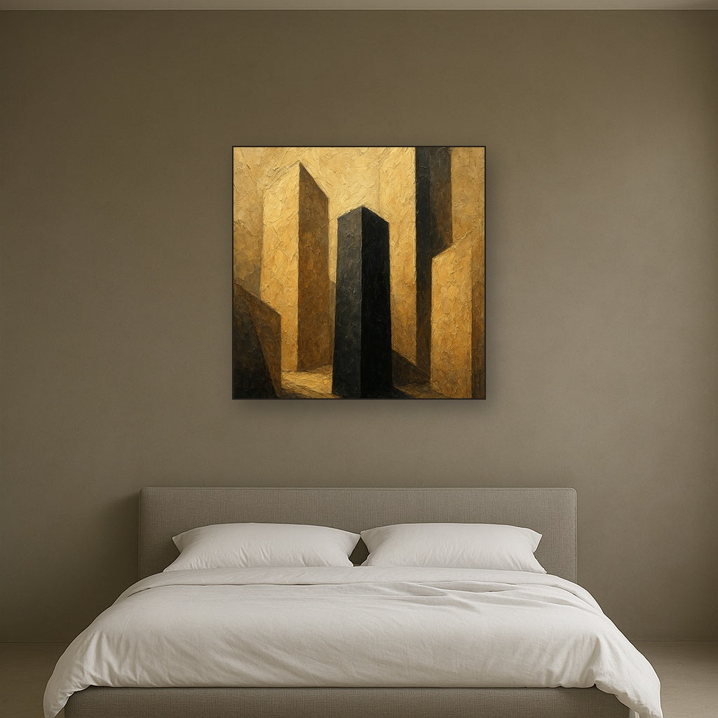 Monolithic Shadow Modern Abstract Oil Painting - Styled in Master Bedroom