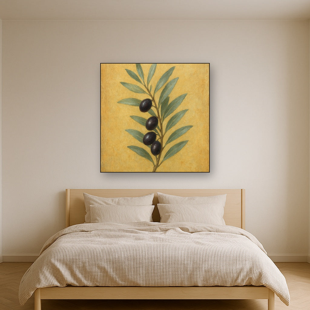 Mediterranean Olive Branch Botanical Oil Painting - Styled in Master Bedroom