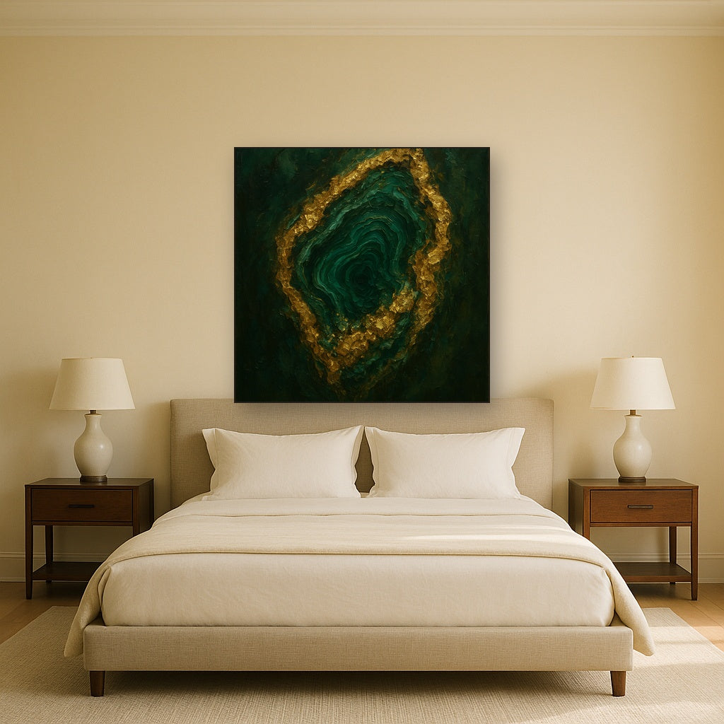 Forest Malachite & Gilded Geode No. 4 Oil Painting - Styled in Master Bedroom