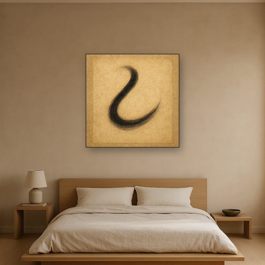 Aged Rice Paper & Charcoal Calligraphic Balance No. 8 Oil Painting Staged Above Master Bed in Bedroom, Calming Neutral Hand Painted Oil Art