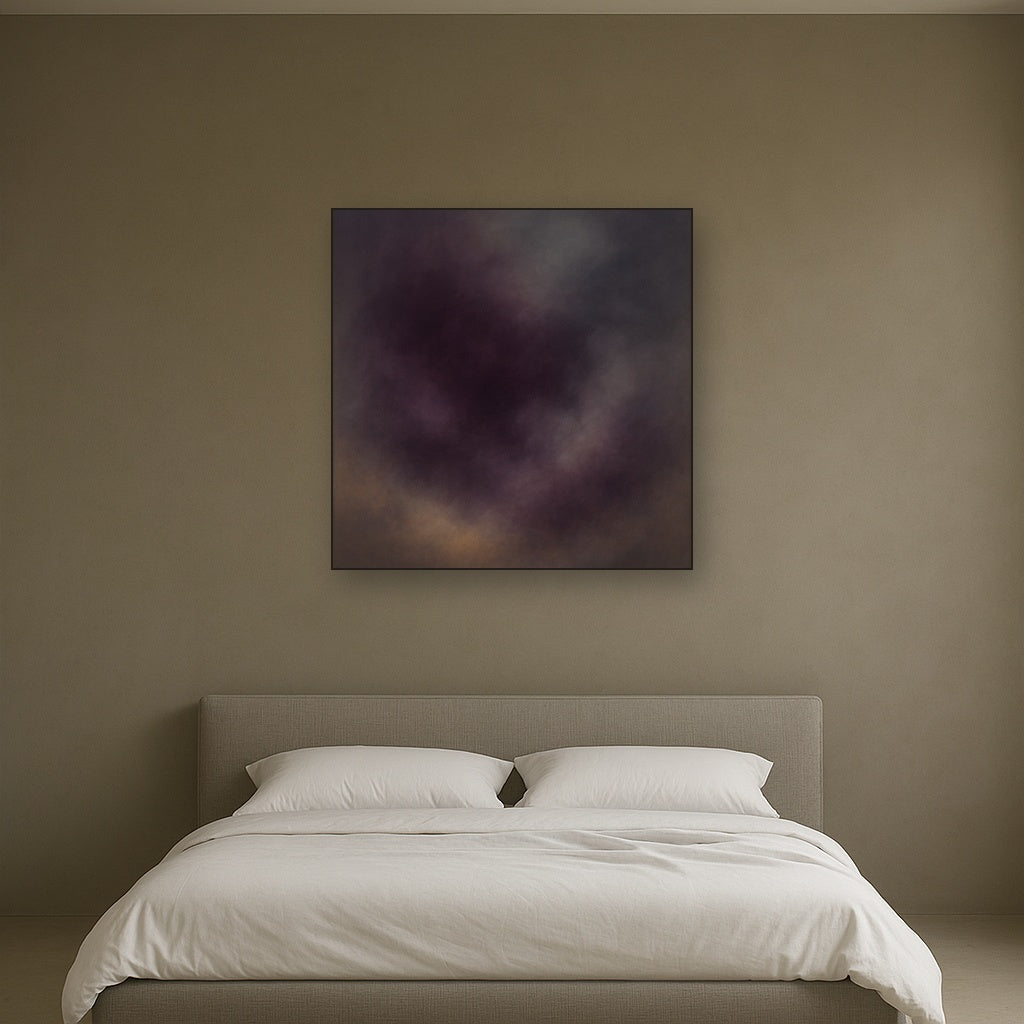 Gilded Plum & Soft Smoke Cloud Harmony No. 18 Oil Painting Staged Above Master Bed in Bedroom, Calming Neutral Hand Painted Oil Art