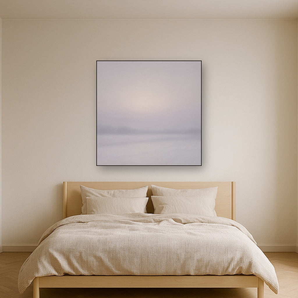 Winter Dawn Frost & Pale Silver Light No. 8 Oil Painting Staged Above Master Bed in Bedroom, Calming Neutral Hand Painted Oil Art