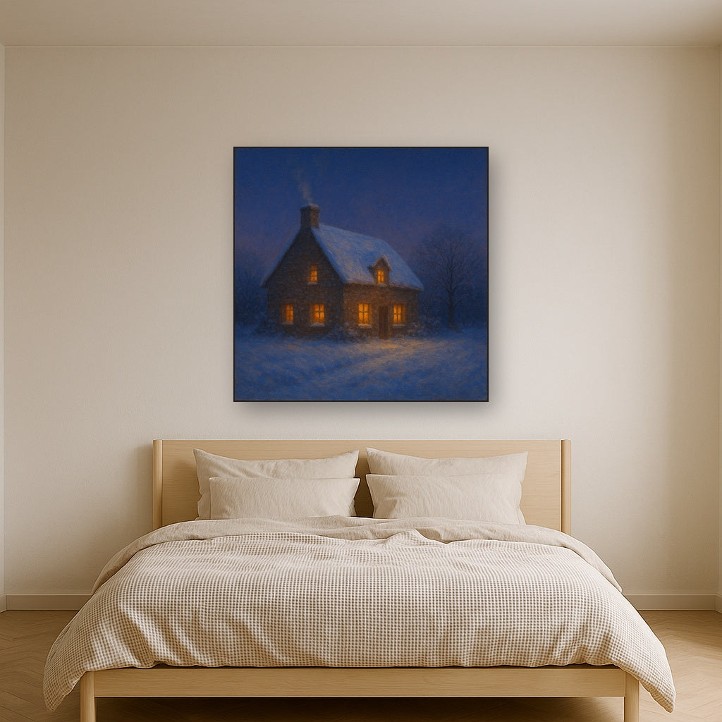 Snow-Dusted Stone Cottage at Twilight No. 2 Oil Painting - View 3