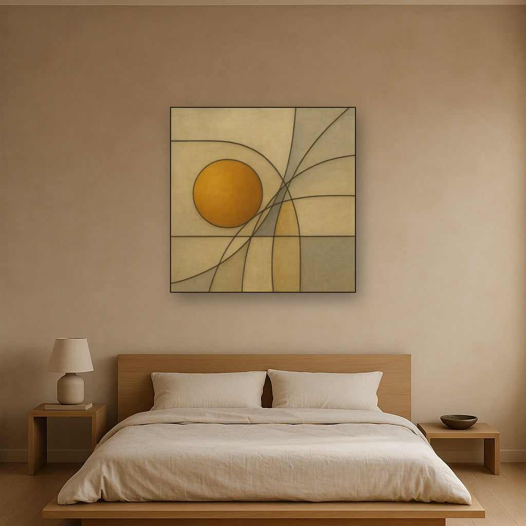 Abstract Tangent Lines & Earthy Ochre Disc No. 19 Oil Painting - View 3
