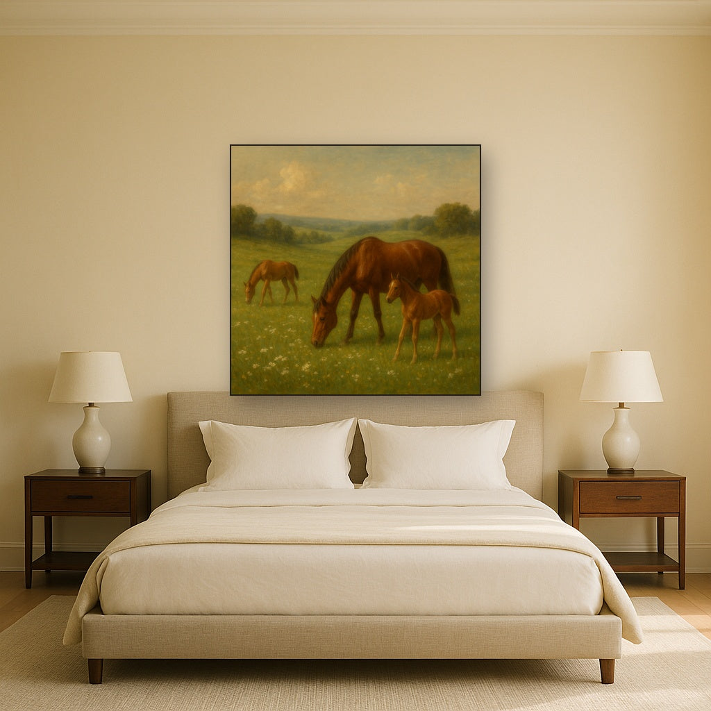 Mares & Foals Grazing in Rolling Meadow Oil Painting Staged Above Master Bed in Bedroom, Calming Neutral Hand Painted Oil Art