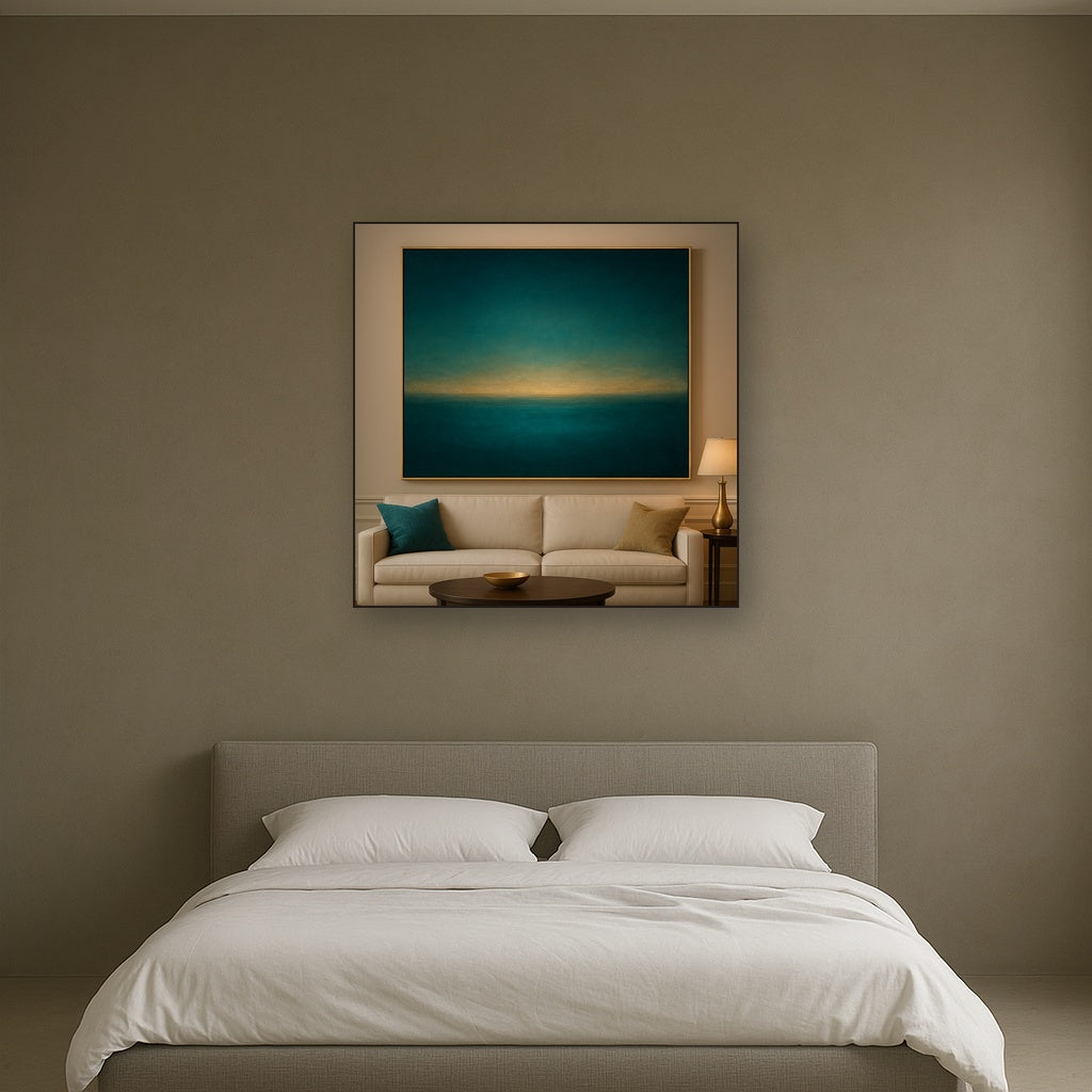 Peacock Teal & Champagne Gold Horizon No. 10 Oil Painting - View 3