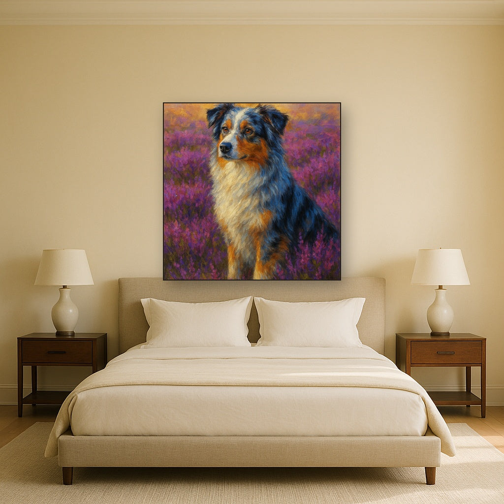 Australian Shepherd in Blooming Heather Field No. 6 Fine Art Oil Painting - View 3