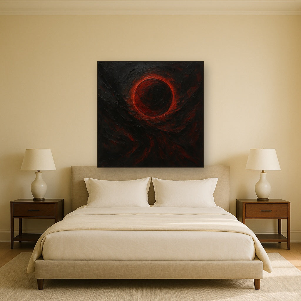 Midnight Onyx & Crimson Eclipse Oil Painting - Styled in Master Bedroom