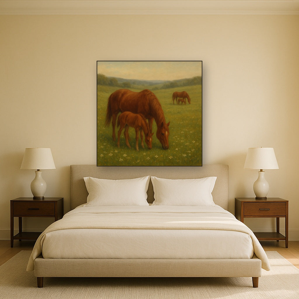 Mares & Foals Grazing in Rolling Meadow No. 12 Oil Painting - View 3