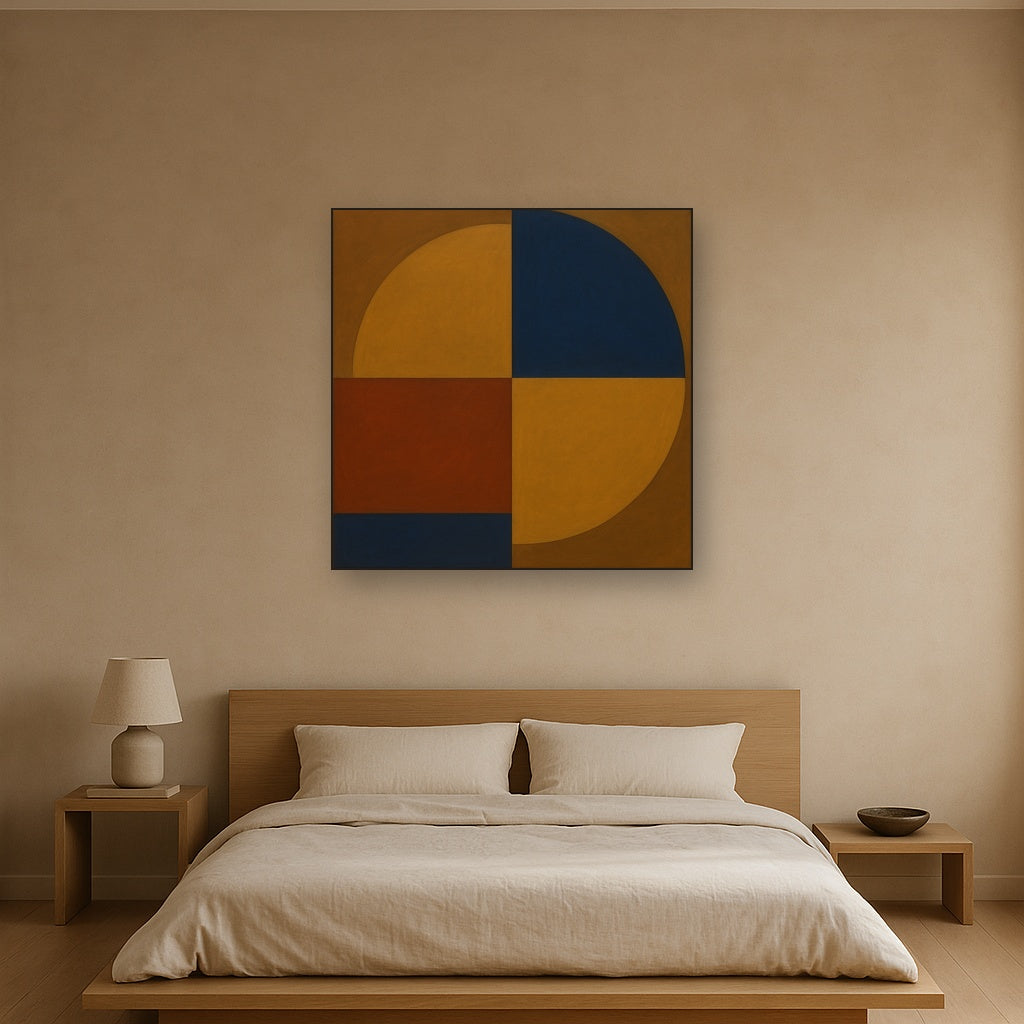 Bauhaus Quadrant Harmony in Primary Earth Tones No. 17 Oil Painting Staged Above Master Bed in Bedroom, Calming Neutral Hand Painted Oil Art