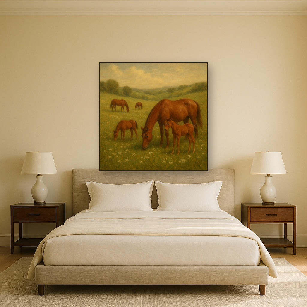 Mares & Foals Grazing in Rolling Meadow No. 10 Oil Painting - View 3