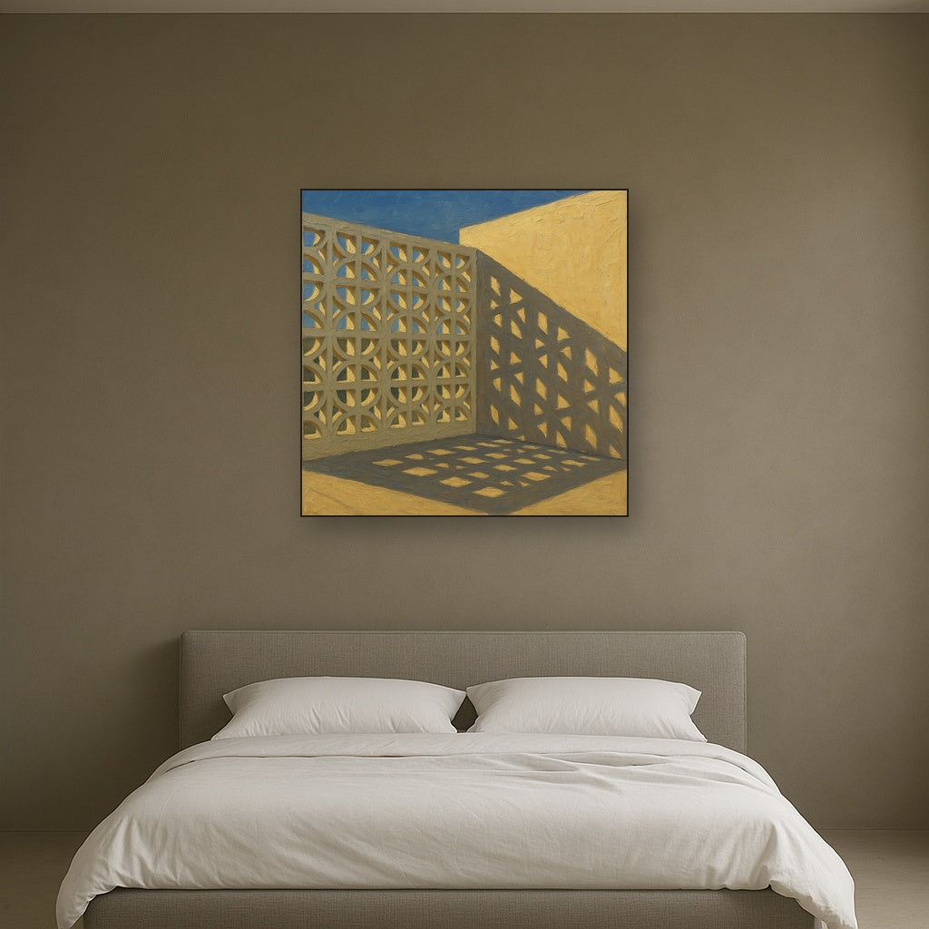 Desert Modern Breeze Block Shadow No. 3 Oil Painting - Styled in Master Bedroom