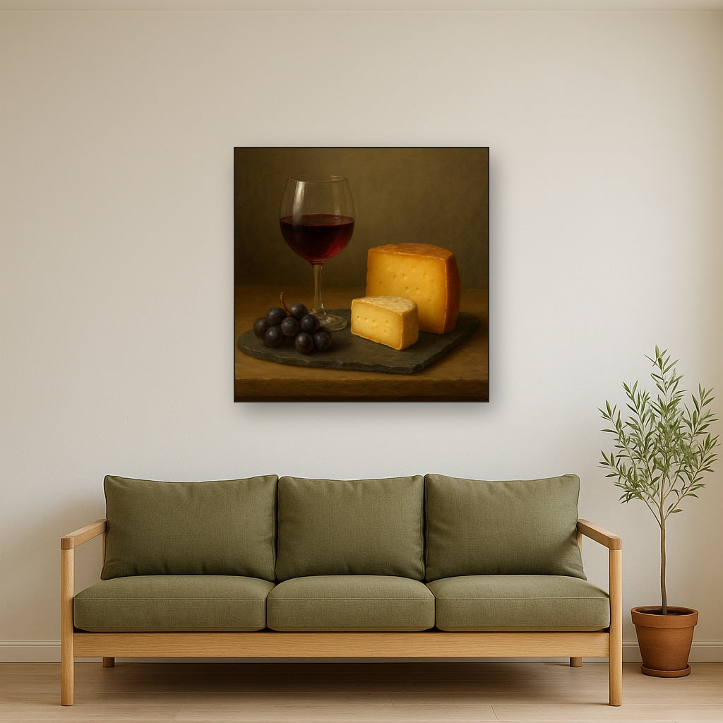 Burgundy Wine Glass & Aged Cheese Board No. 3 Oil Painting - View 3