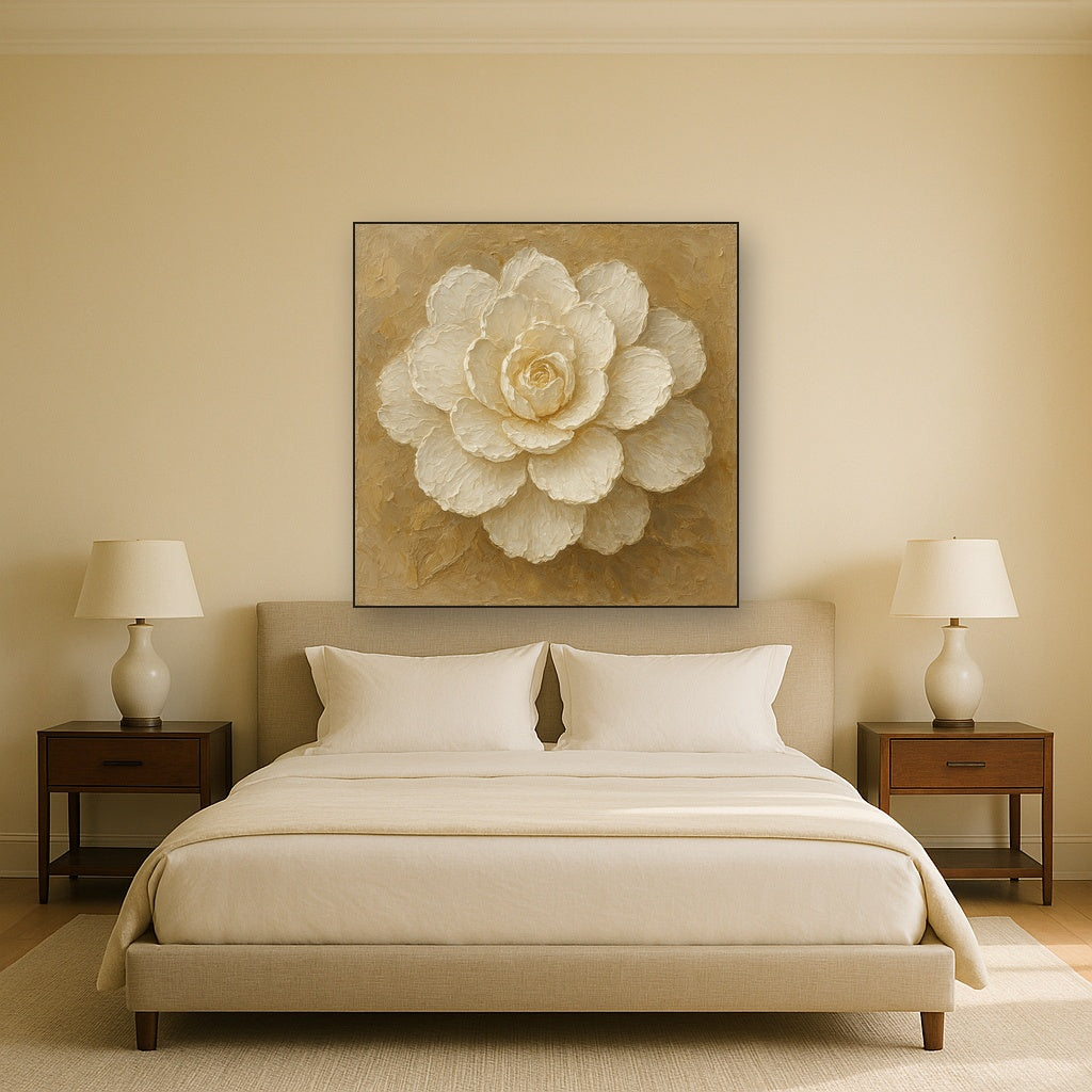 Sculptural White Camellia Heavy Impasto Oil Painting - View 3