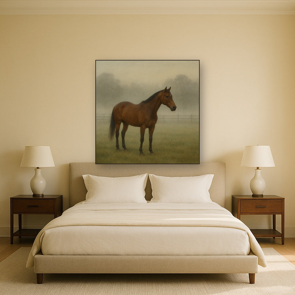 Thoroughbred in Morning Pasture Mist No. 16 Oil Painting - View 3