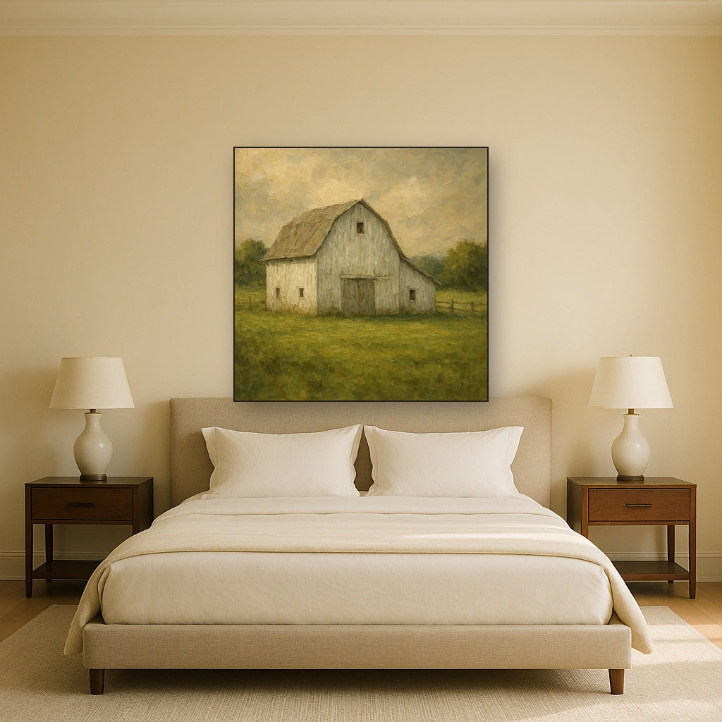 Weathered White Barn & Pasture No. 5 Oil Painting - Styled in Master Bedroom