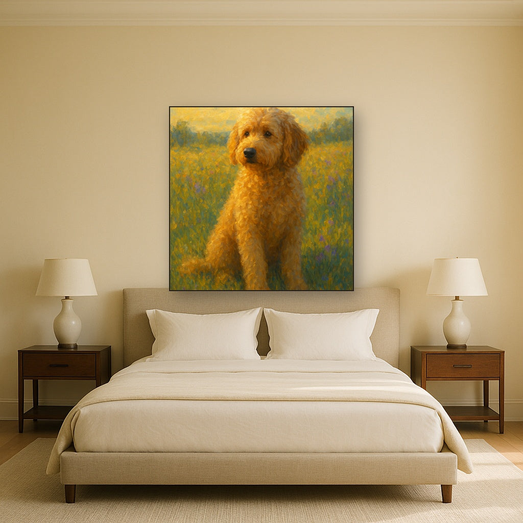 Fluffy Goldendoodle in Sun-Drenched Meadow No. 10 Fine Art Oil Painting - View 3