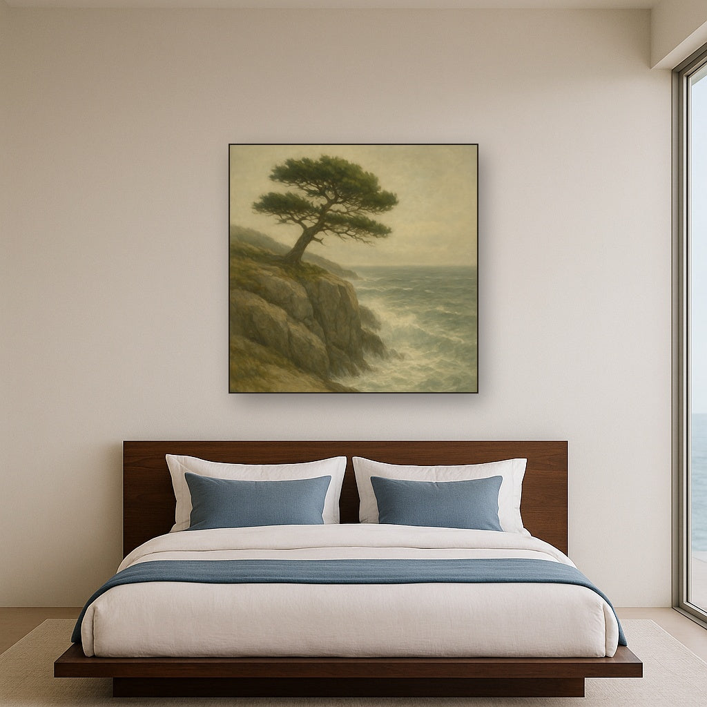 Wild Coastal Pine on Stormy Granite Cliff No. 3 Oil Painting Staged Above Master Bed in Bedroom, Calming Neutral Hand Painted Oil Art